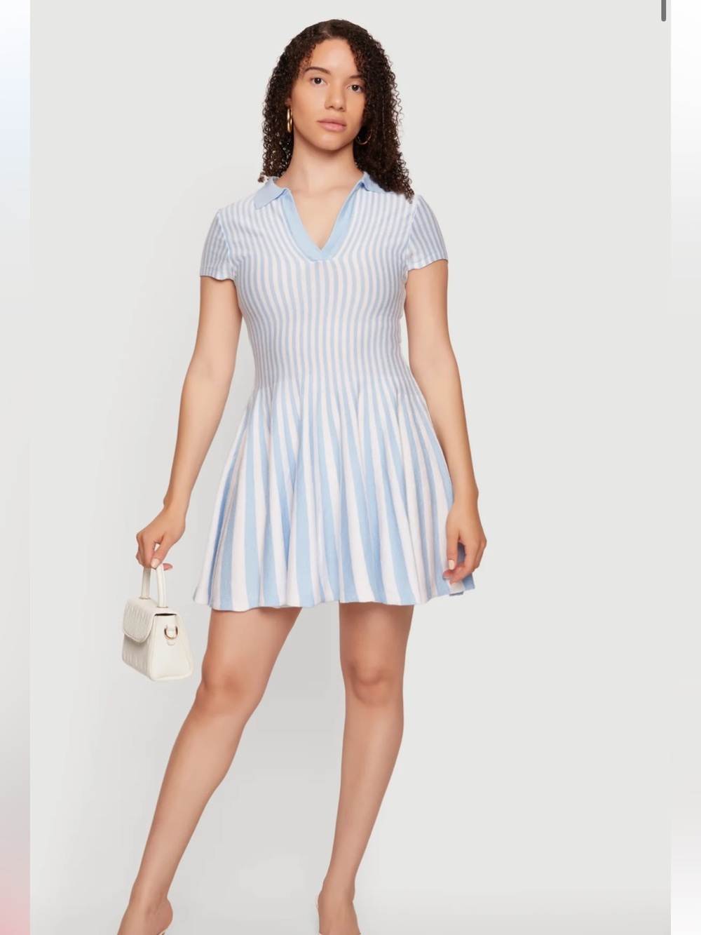 Striped Polo Skater Dress in Light Blue and White